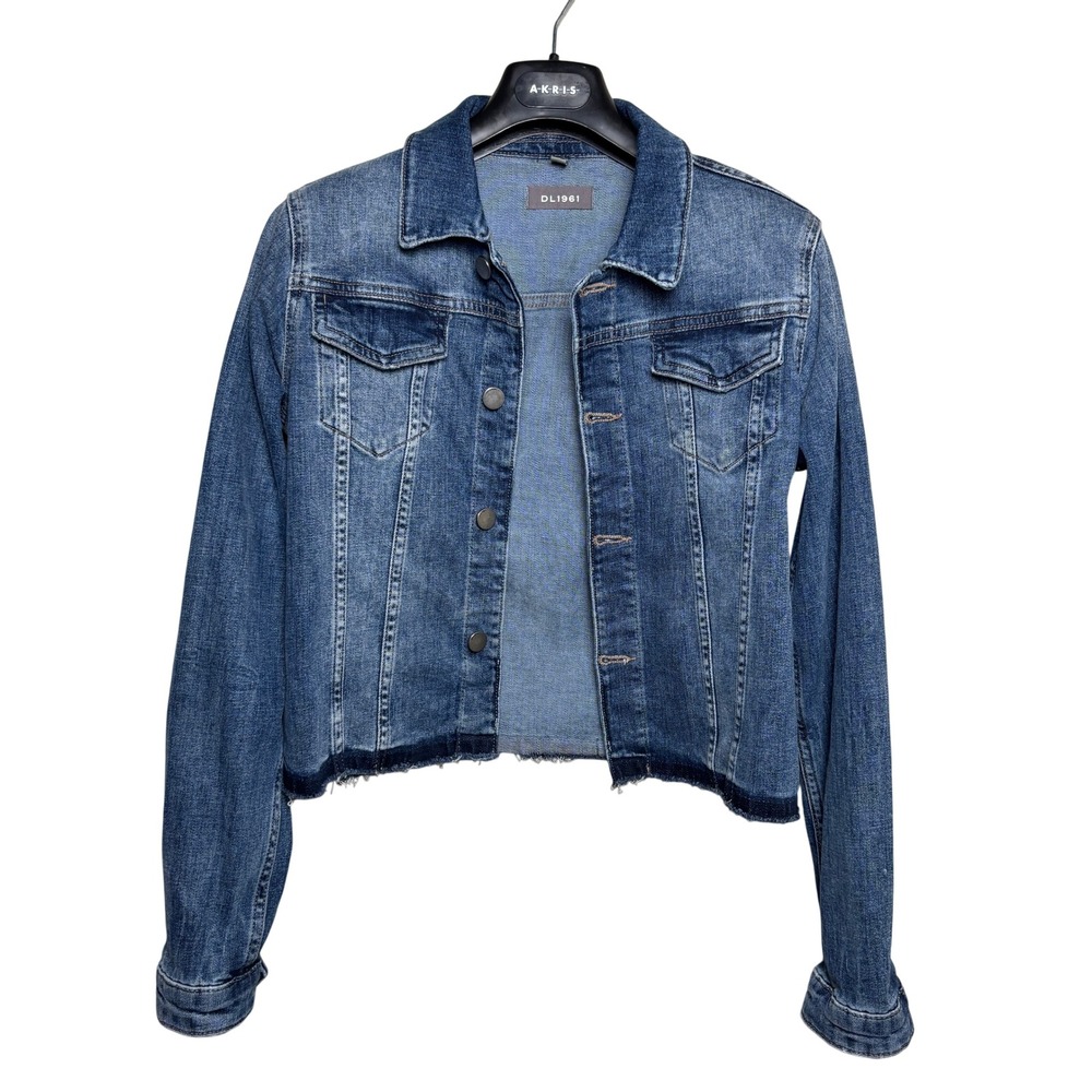 DL1961 Manning Blue Raw‎ Hem Cropped Button Front Denim Trucker Jacket Womens L